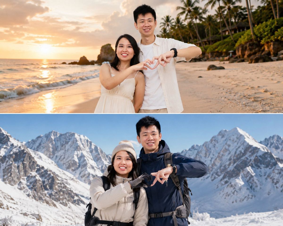 Leonardo and Violy on honeymoon — beach and mountains